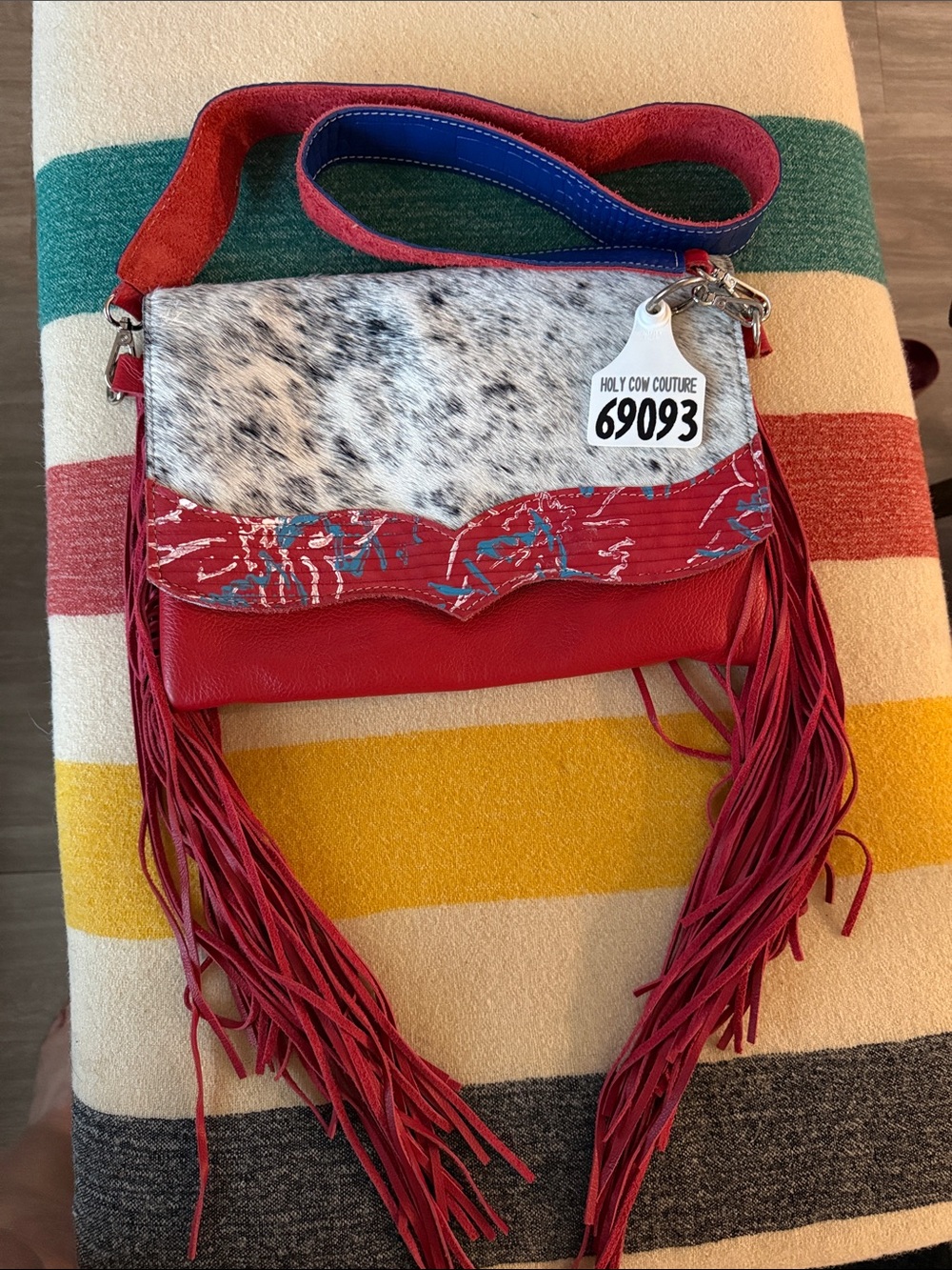 Red Fringe Crossbody with Cowhide Accent by Holy Cow Couture